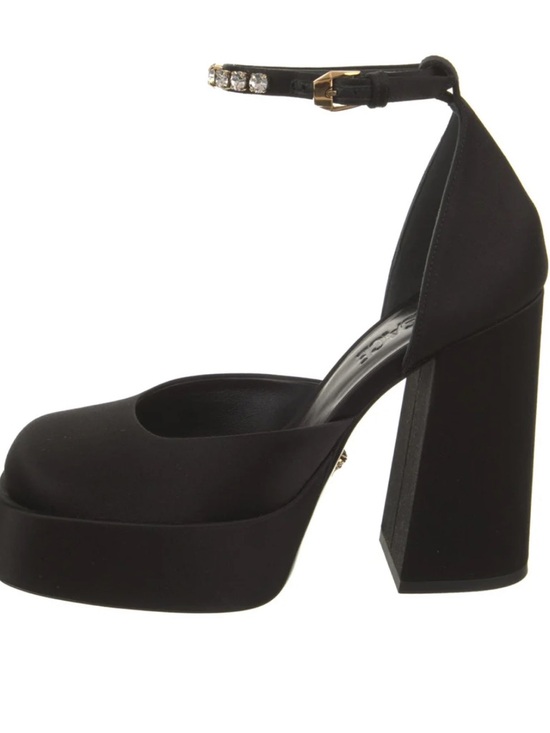 Versace Shoes - Versace Black Platform Block Heel Ankle-Strap Pumps with Crystal Detail